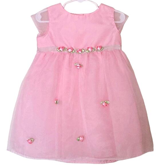 La Princess Sheer Pink Infant Girl Dress w/ Pink Rosettes 24 Months - Picture 1 of 10